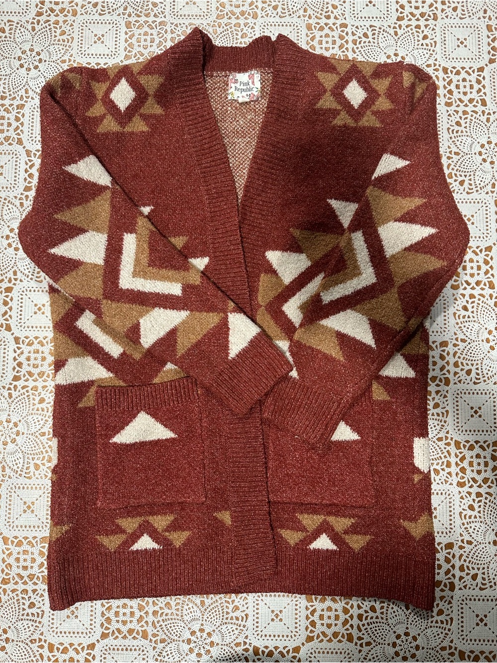 Pink Republic Large Rust Southwestern Geometric Open Front Cardigan